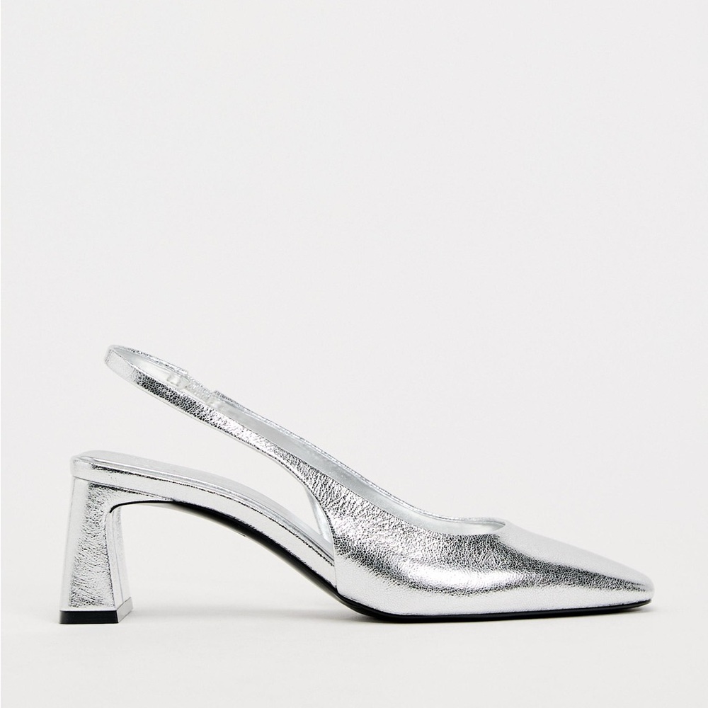 ZARA Silver Round Toe Sling Back Block Heel Size 9